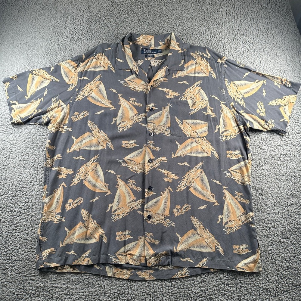 Vtg Polo Ralph Lauren Caldwell Shirt Mens XL Gray Rayon Sailboat Loop Collar 90s